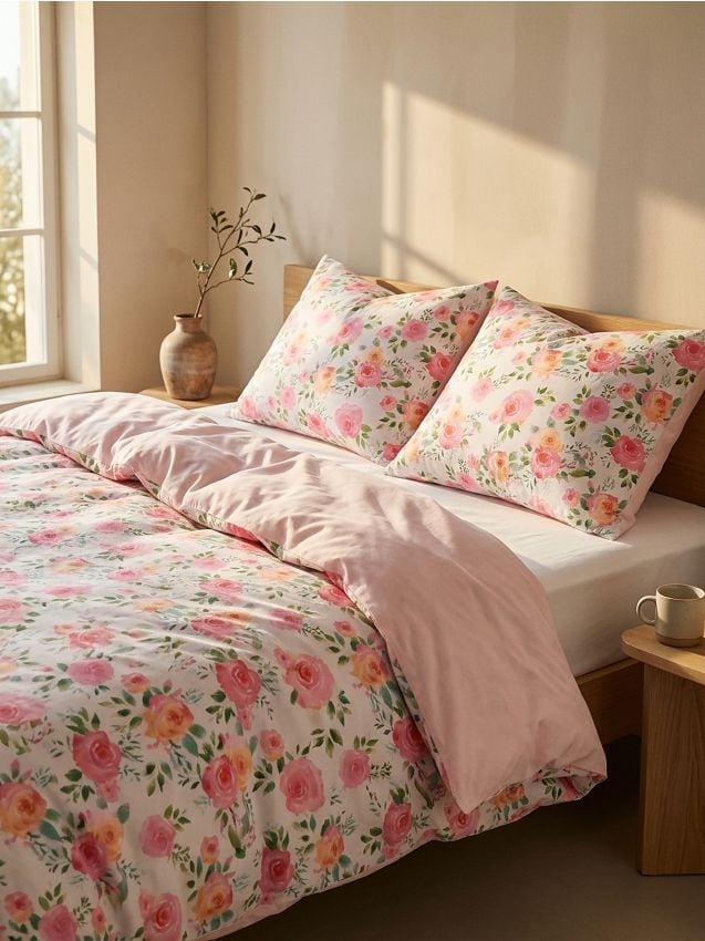 Set di biancheria da letto reversibile in cotone con motivo floreale - rosa