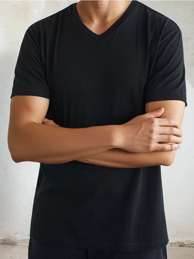 Sinsay - Tricou basic cu decolteu în V - negru