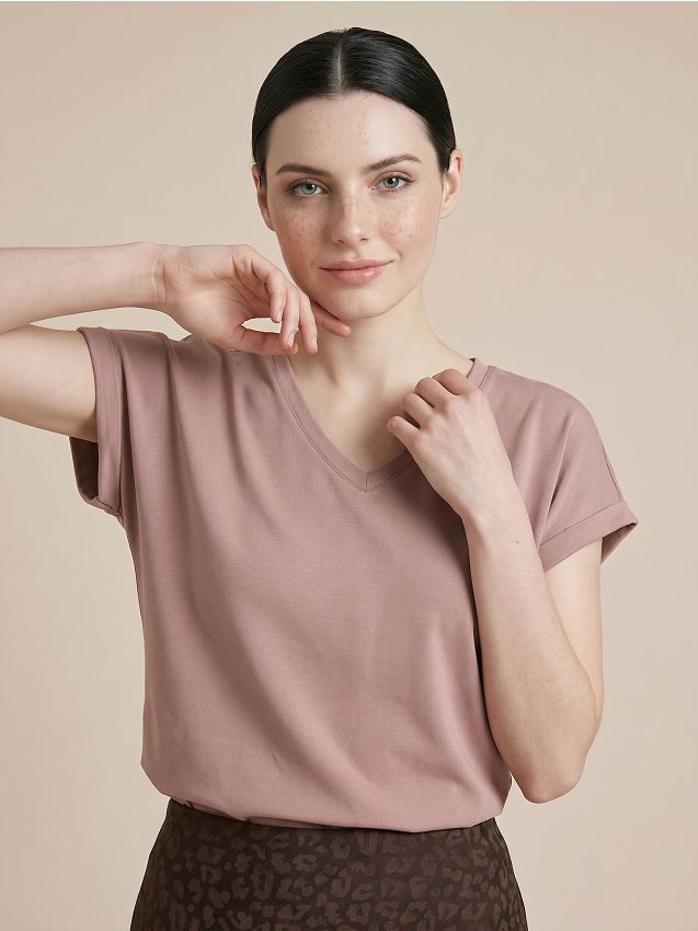 Sinsay - Tricou cu decolteu în V și amestec de viscoză - cafeniu