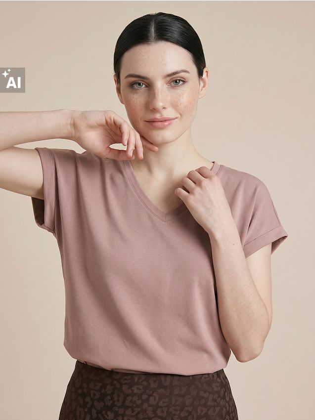 Sinsay - Tricou cu decolteu în V și amestec de viscoză - cafeniu