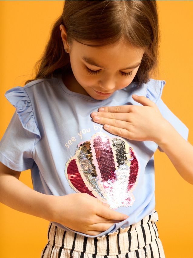 Sinsay - Tricou din bumbac cu paiete cu motiv de scoică - light blue