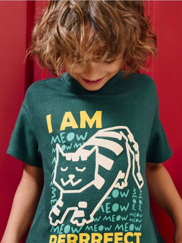 Sinsay - Tricou din bumbac cu imprimeu de pisică - green spruce