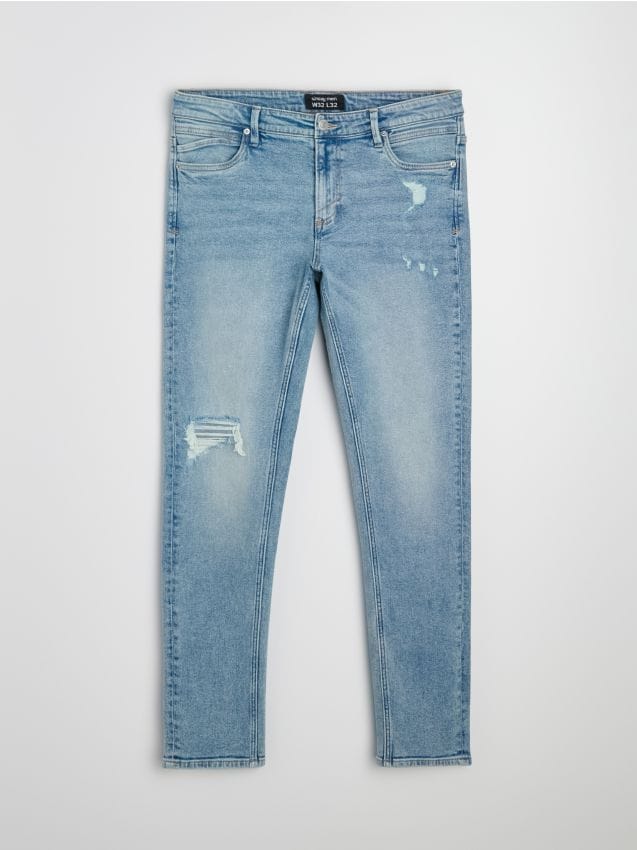 Sinsay - Blugi slim fit cu aspect uzat și efect prespălat - albastru