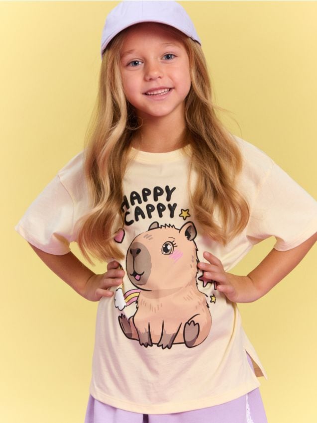 Sinsay - Tricou din bumbac cu inscripție Happy Cappy - galben-deschis