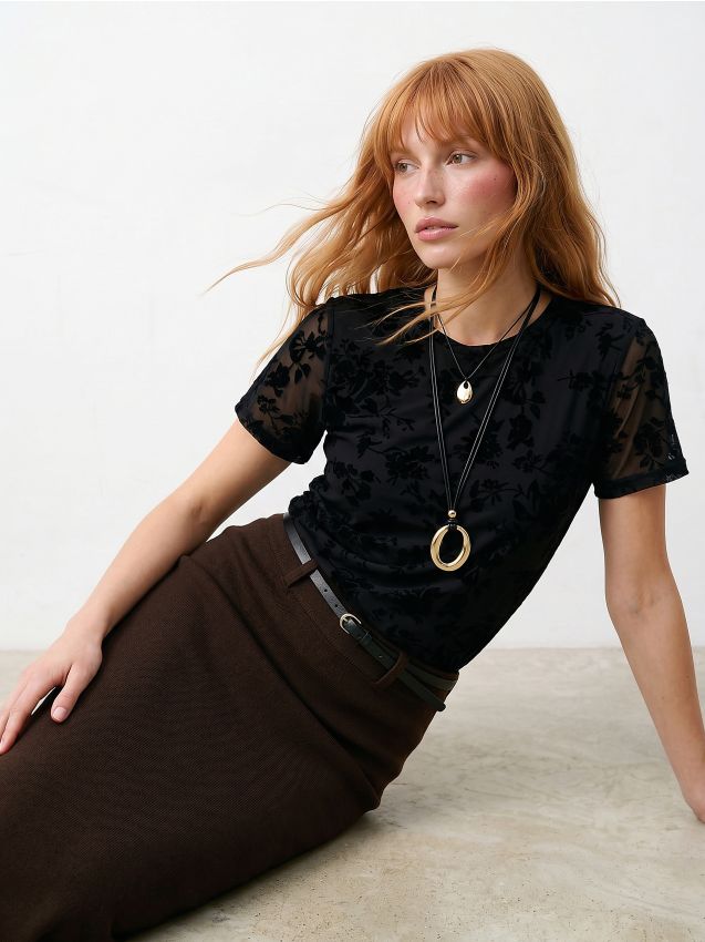 Sinsay - Tricou din plasă cu model floral - negru