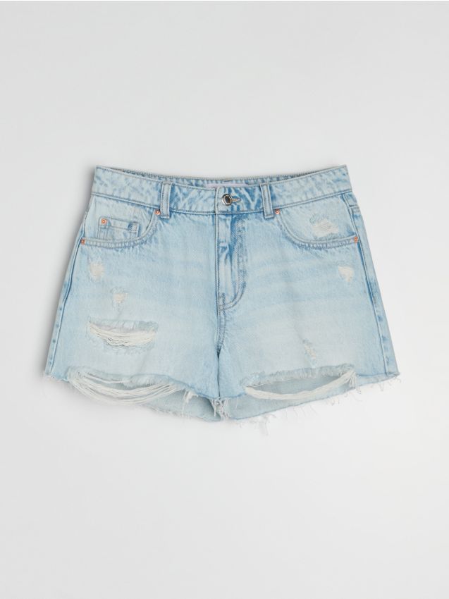 Sinsay - Șorturi din denim high waist cu efect de uzură - albastru