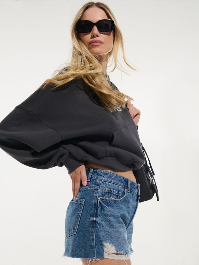 Sinsay - Szorty jeansowe high waist z przetarciami - niebieski