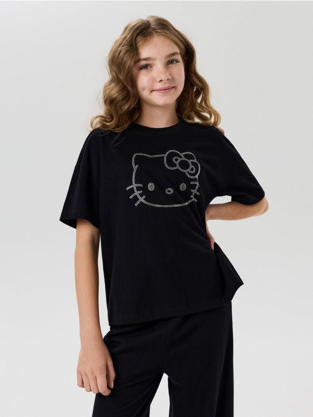 Sinsay - Pijama din bumbac din două piese cu strasuri decorative Hello Kitty - negru