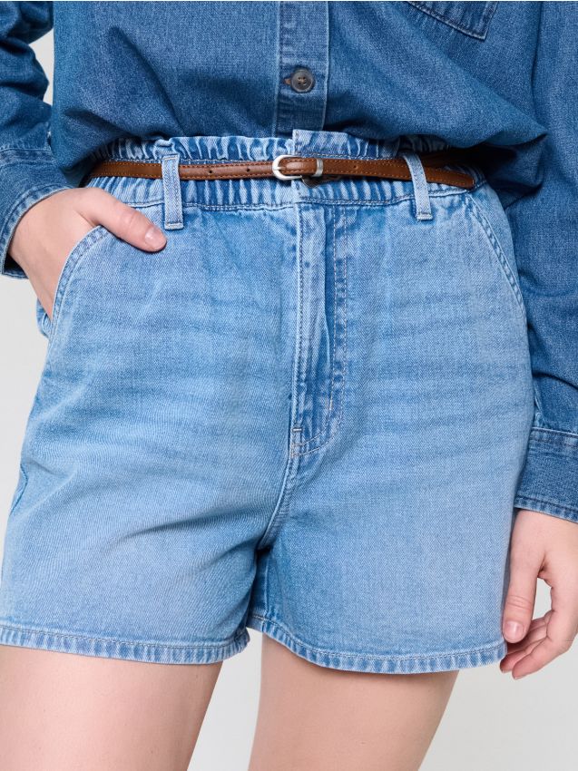 Sinsay - Șorturi din denim tip paperbag cu curea - albastru