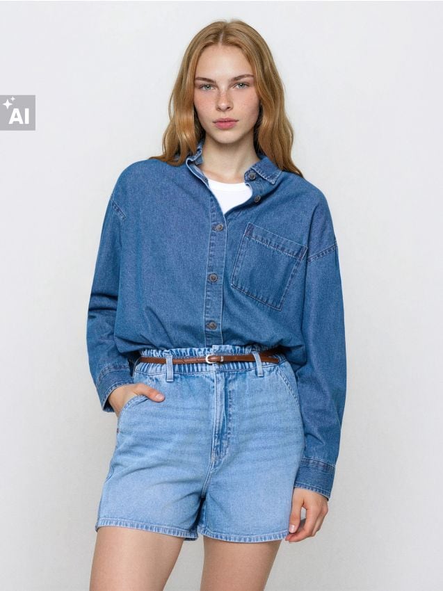 Sinsay - Șorturi din denim tip paperbag cu curea - albastru