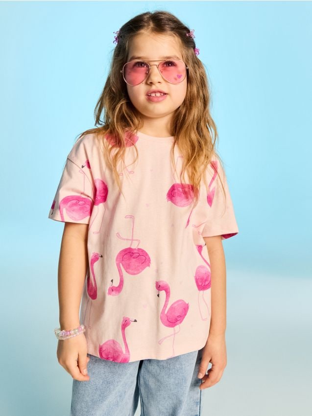 Sinsay - Tricou din bumbac cu imprimeu flamingo - roz-piersică