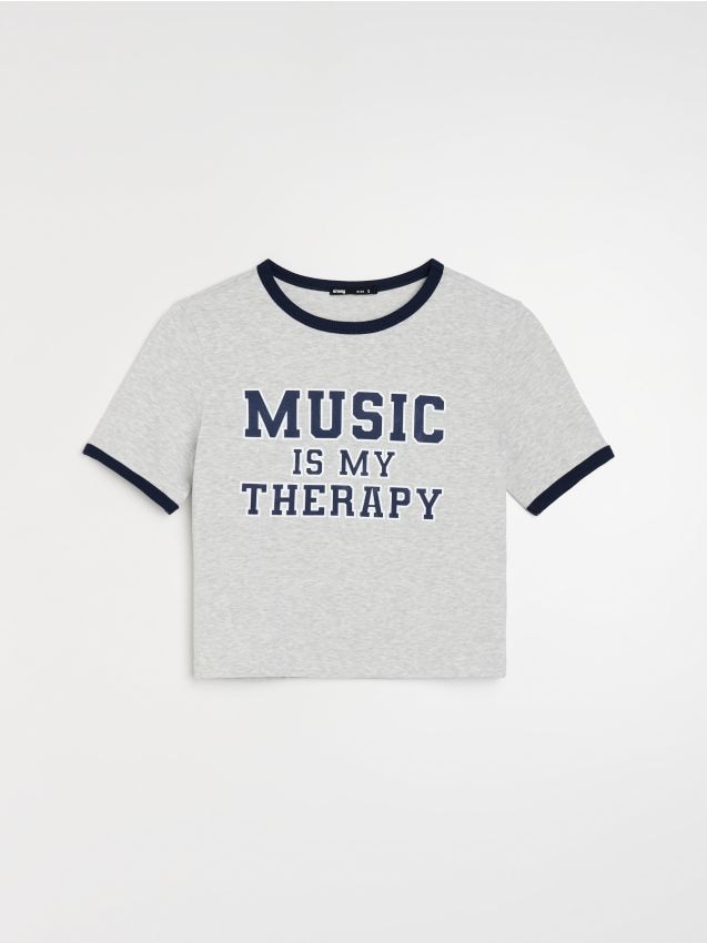 Sinsay - Tricou cu inscripție și finisaj contrastant - gri deschis