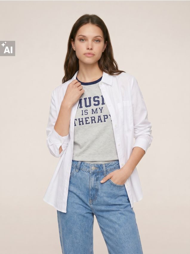 Sinsay - Tricou cu inscripție și finisaj contrastant - gri deschis