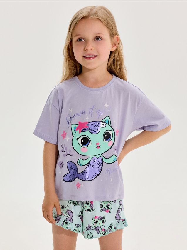 Sinsay - Pijama din bumbac în două piese cu imprimeu Gabbys Dollhouse - lavand