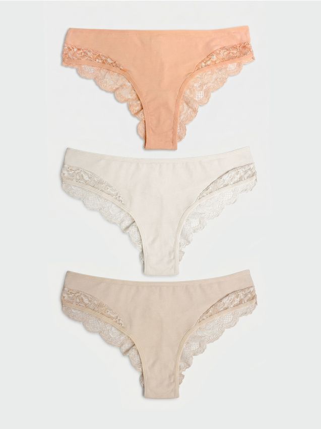 Sinsay - Chiloți brazilieni din bumbac cu finisaj din dantelă – set de 3 bucăți - multicolor