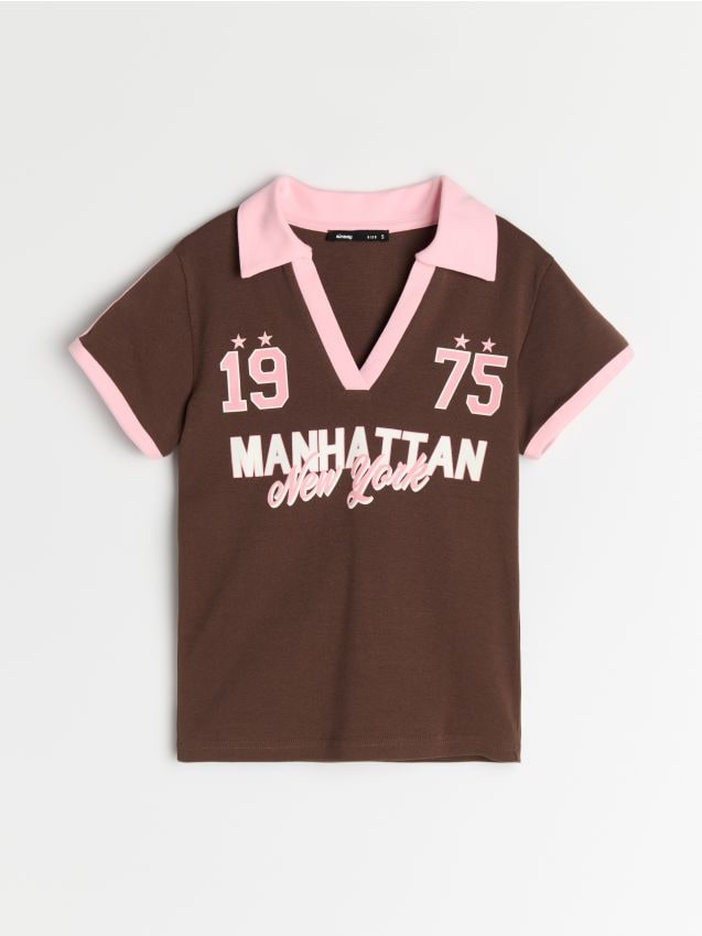 Sinsay - Tricou din bumbac cu decolteu în V - maro-închis