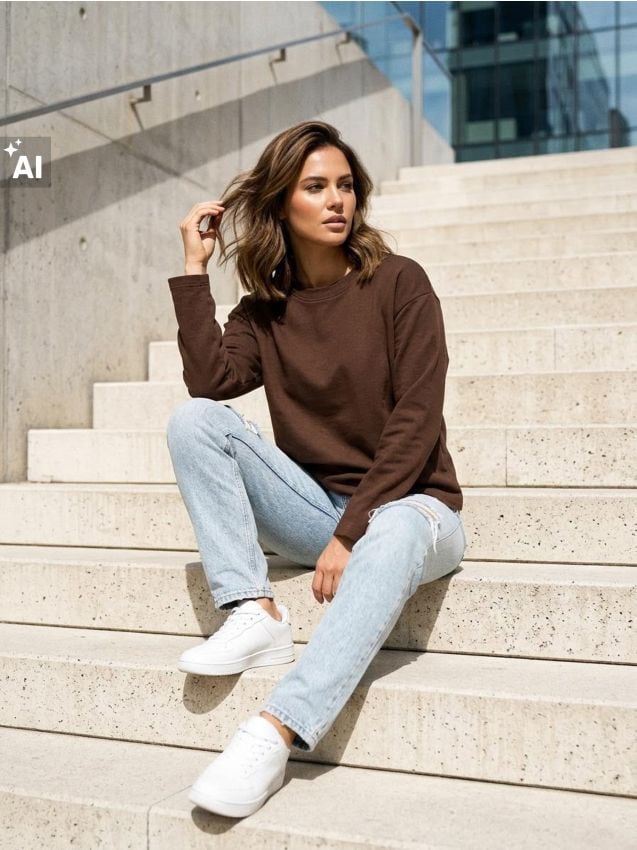 Sinsay - Tricou din bumbac din țesătură interlock densă - maro
