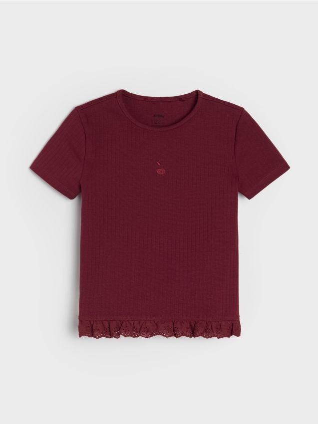Sinsay - Tricou din bumbac din jerseu rib cu dantelă decorativă - mahon