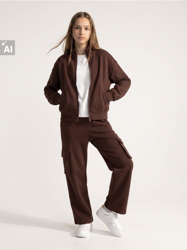 Sinsay - Pantaloni cargo wide leg din bumbac - maro-închis