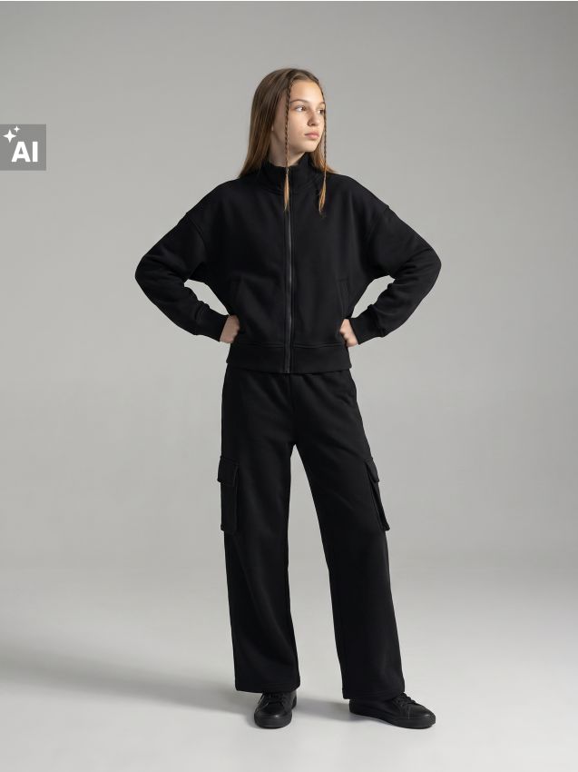 Sinsay - Pantaloni cargo wide leg din bumbac - negru