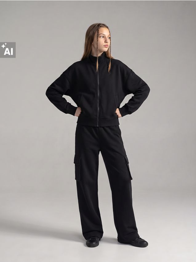 Sinsay - Pantaloni cargo wide leg din bumbac - negru