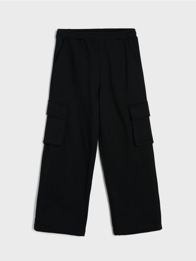 Sinsay - Pantaloni cargo wide leg din bumbac - negru
