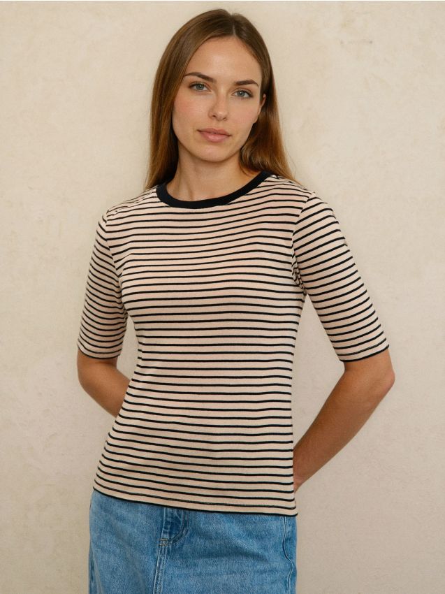 Sinsay - Bawełniana koszulka w paski - kremowy