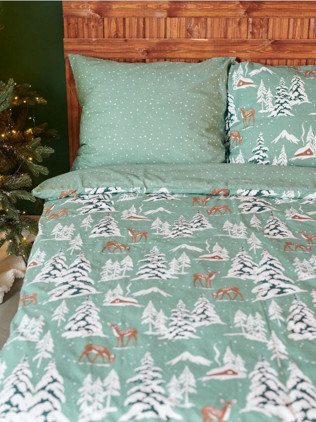 Sinsay - Súprava bavlneného posteľného prádla s vianočným motívom - bledozelená