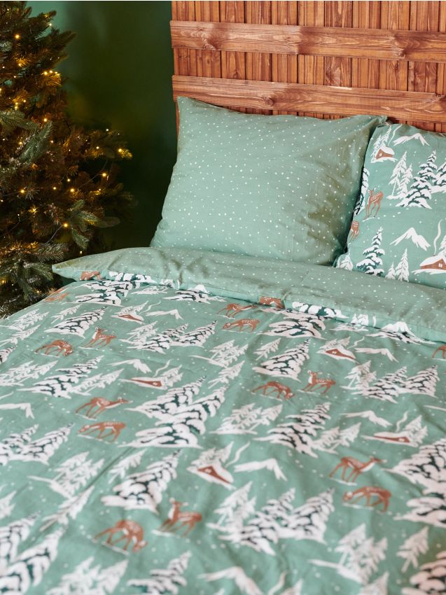 Sinsay - Súprava bavlneného posteľného prádla s vianočným motívom - bledozelená