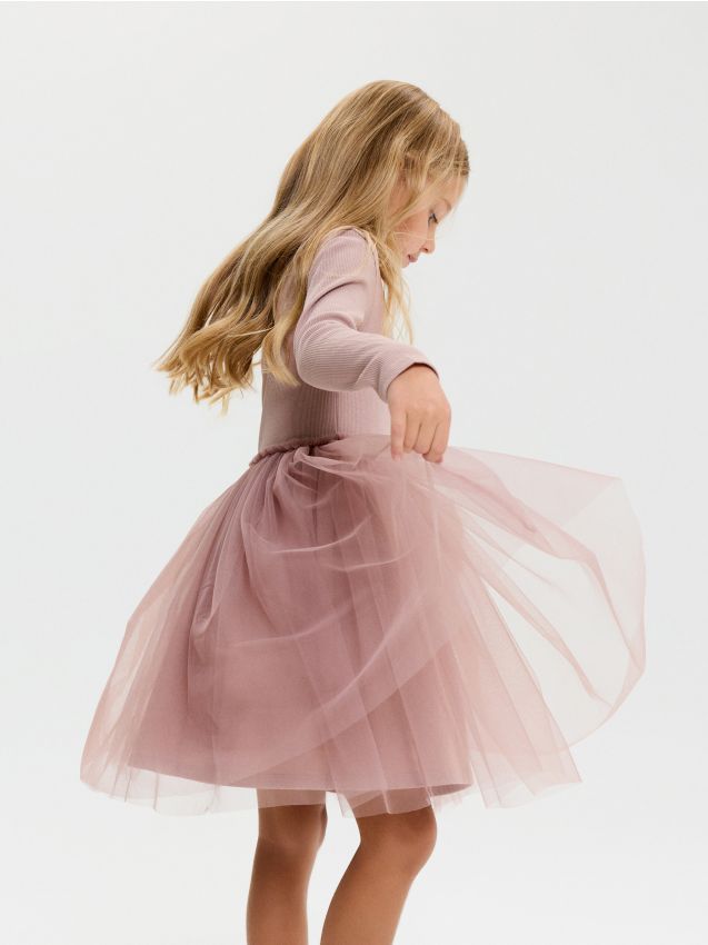 Sinsay - Rochie din bumbac cu tiv din tul și broderie Stitch - bej
