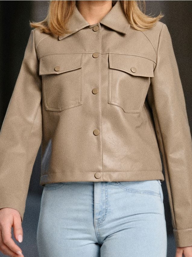 Sinsay - Krátka bunda z umelej kože - teplá olivová