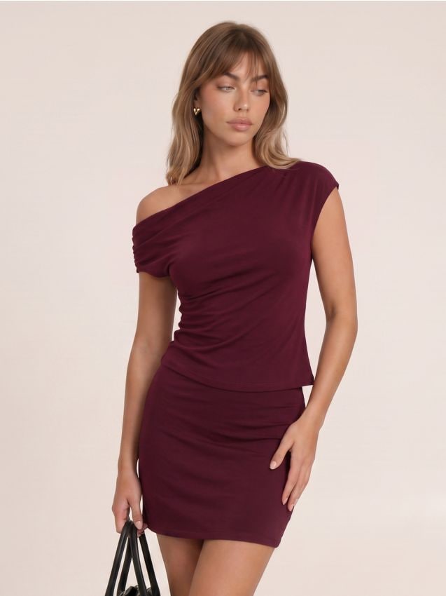 Sinsay - Set: top drapat și fustă mini - bordo