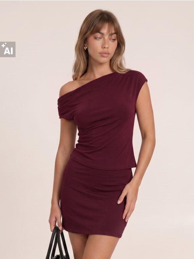 Sinsay - Set: top drapat și fustă mini - bordo