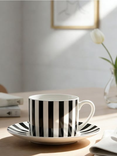 Keraamiline tass ja alustass triibumustriga