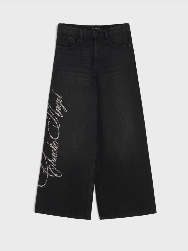 Sinsay - Blugi wide leg cu aplicație decorativă din strasuri - negru
