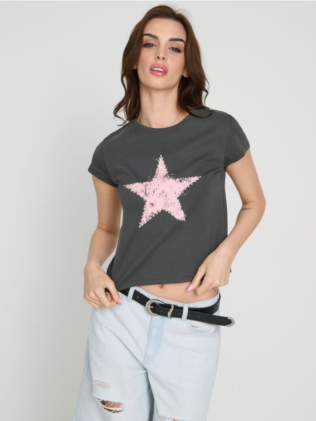 Tricou cu imprimeu și pietre strălucitoare - SINSAY