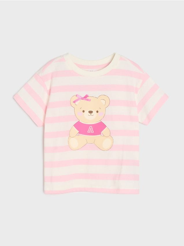 Sinsay - Tricou oversized din bumbac cu imprimeu de ursuleț - crem