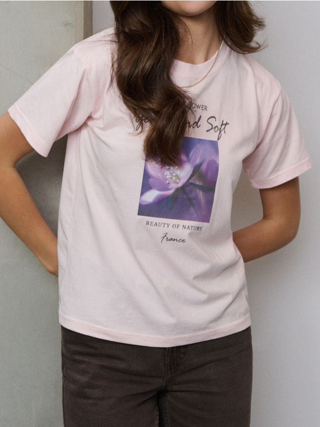 Sinsay - Tricou cu imprimeu floral - roz-pastel