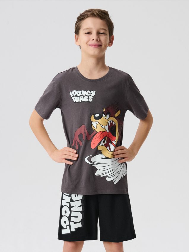 Sinsay - Pijama din bumbac în două piese cu imprimeu Looney Tunes - gri-închis