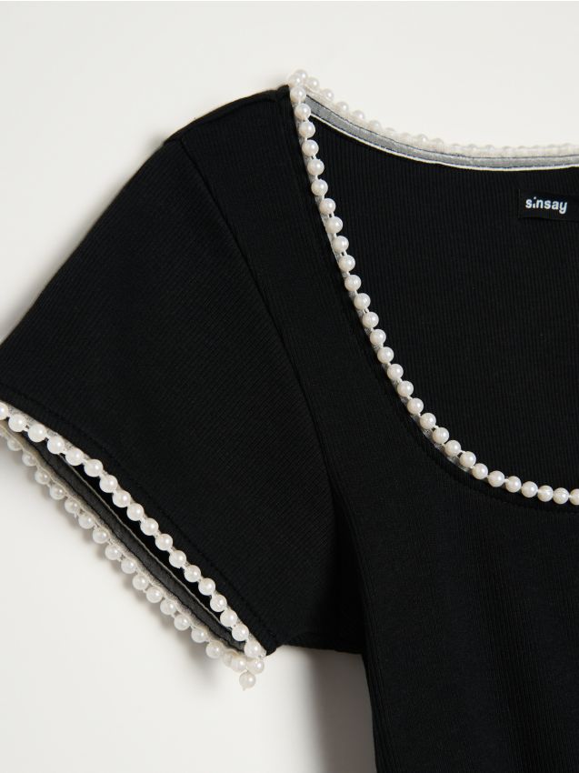 Sinsay - Bluza cu mâneci scurte și perle decorative - negru