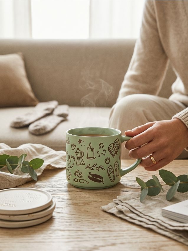 Sinsay - Cană ceramică cu model desenat - verde