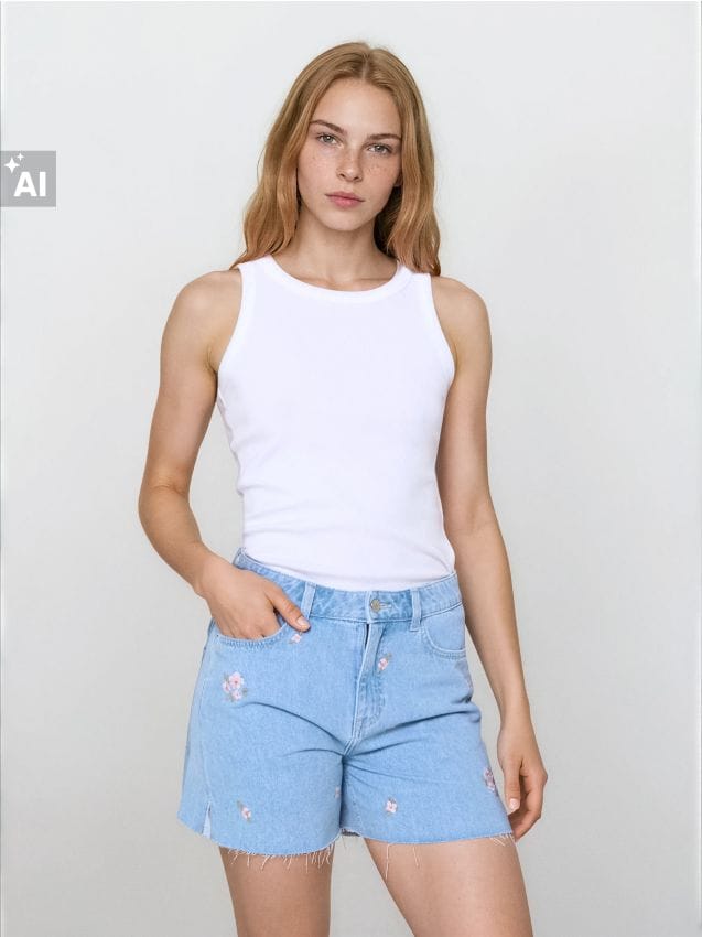 Sinsay - Bermude din denim cu talie medie și flori brodate - albastru