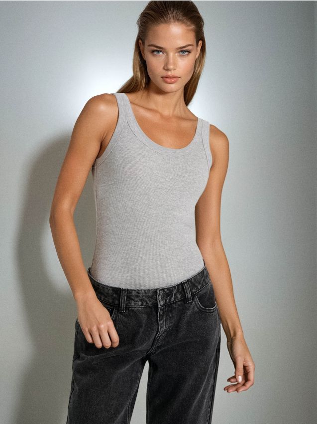 Sinsay - Body din bumbac cu bretele - gri deschis