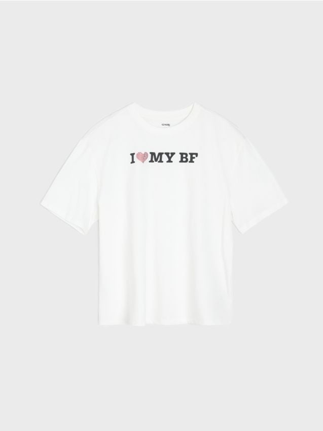 Sinsay - Tricou din bumbac cu inscripție I Love My Boyfriend - alb