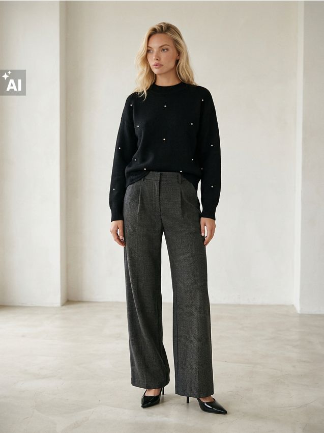 Sinsay - Pantaloni eleganți wide leg cu pliuri și model pepit - gri-închis