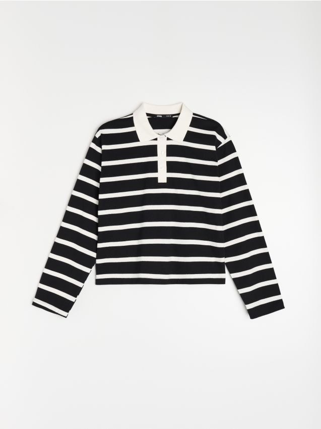 Sinsay - Tricou din bumbac în dungi, cu mânecă lungă - negru