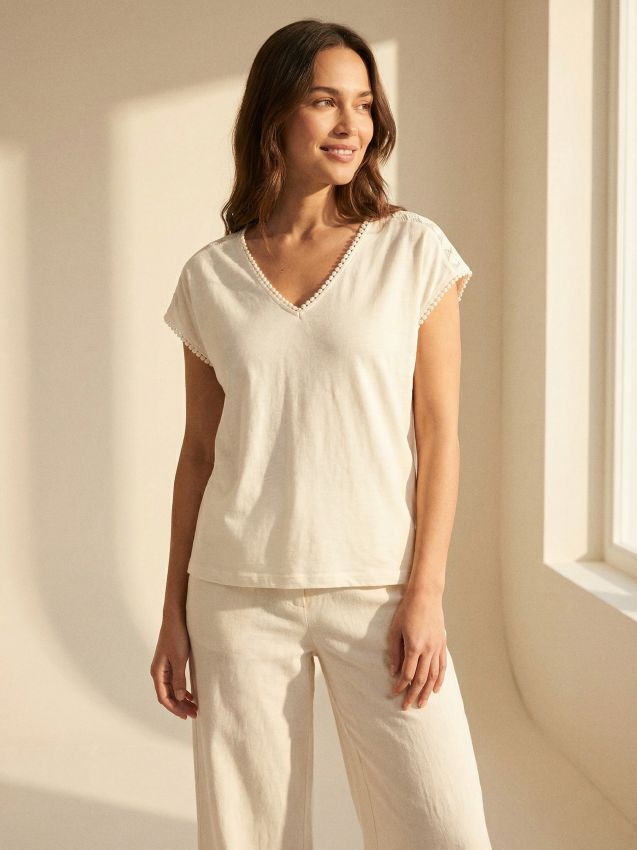 Sinsay - Bawełniana bluzka z dekoltem V - kremowy