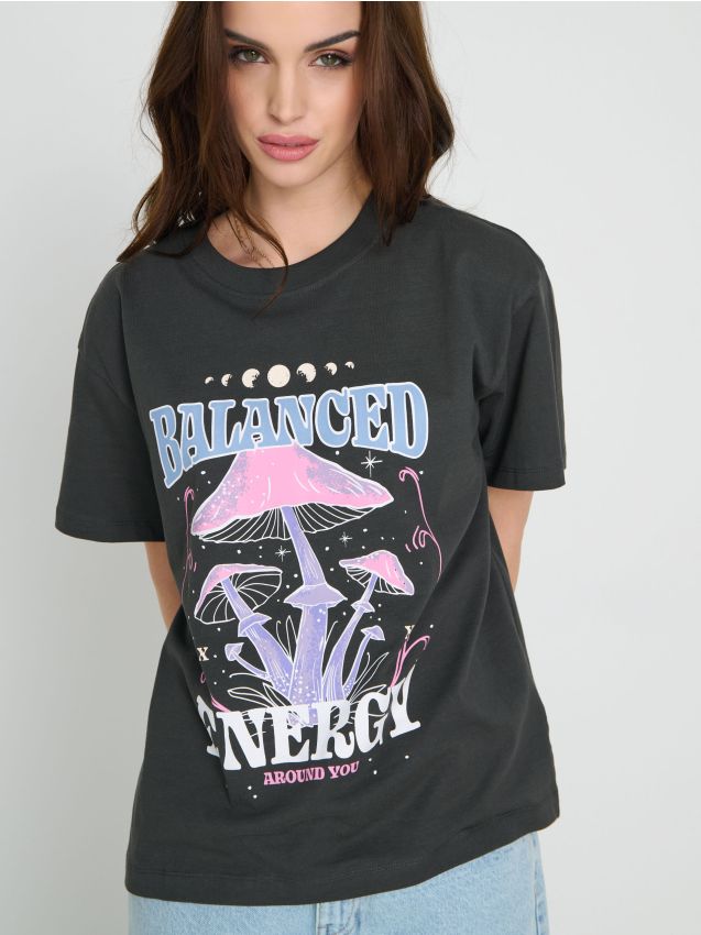 Sinsay - Tricou oversized - gri-închis