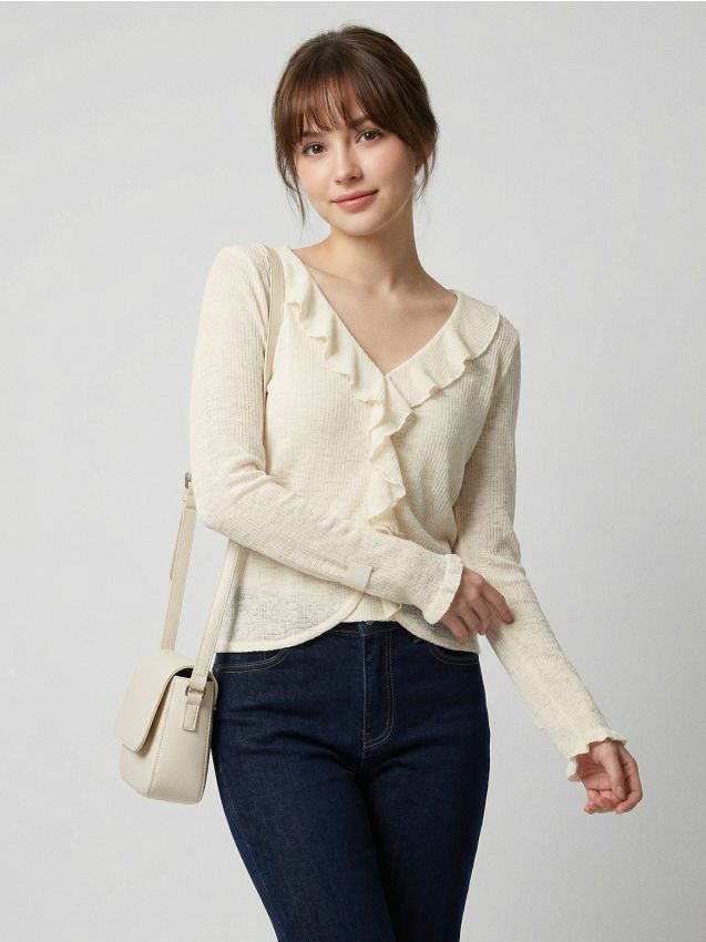 Sinsay - Bluzka z długim rękawem i ozdobną falbaną - kremowy