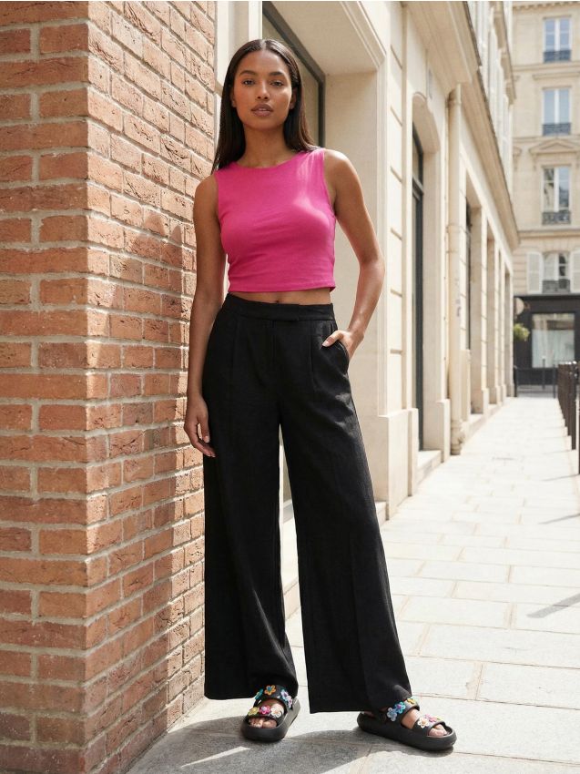 Sinsay - Bawełniany crop top basic - różowy